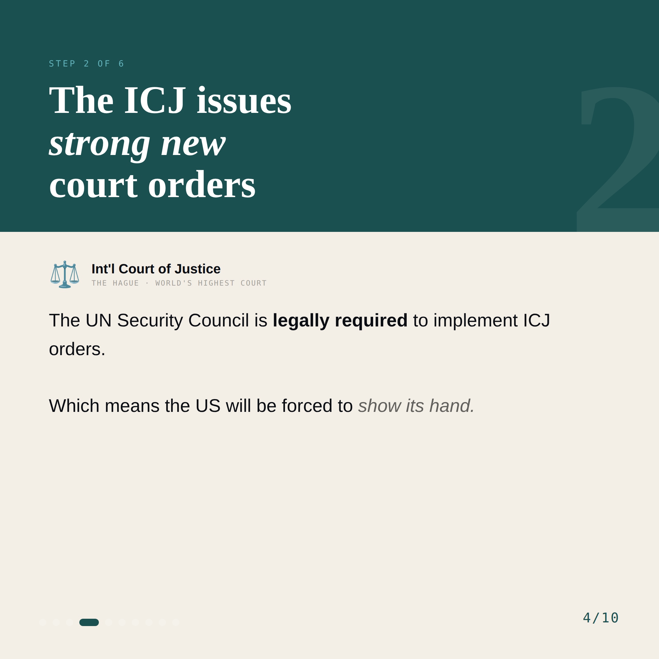 Slide 4 — Step 2: ICJ issues strong orders